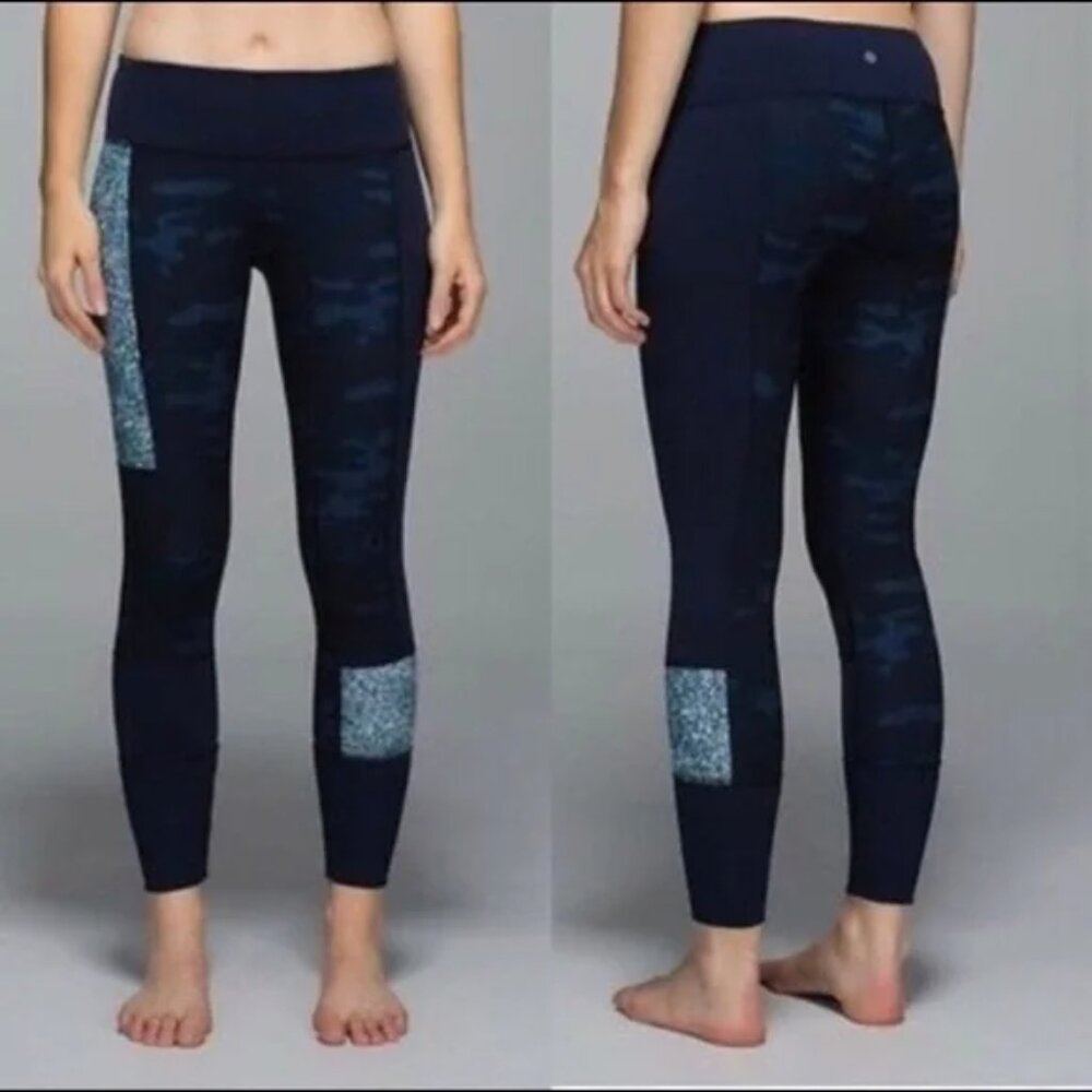 Lululemon Wunder Under Sashiko Patchwork Blue Camo Leggings 6